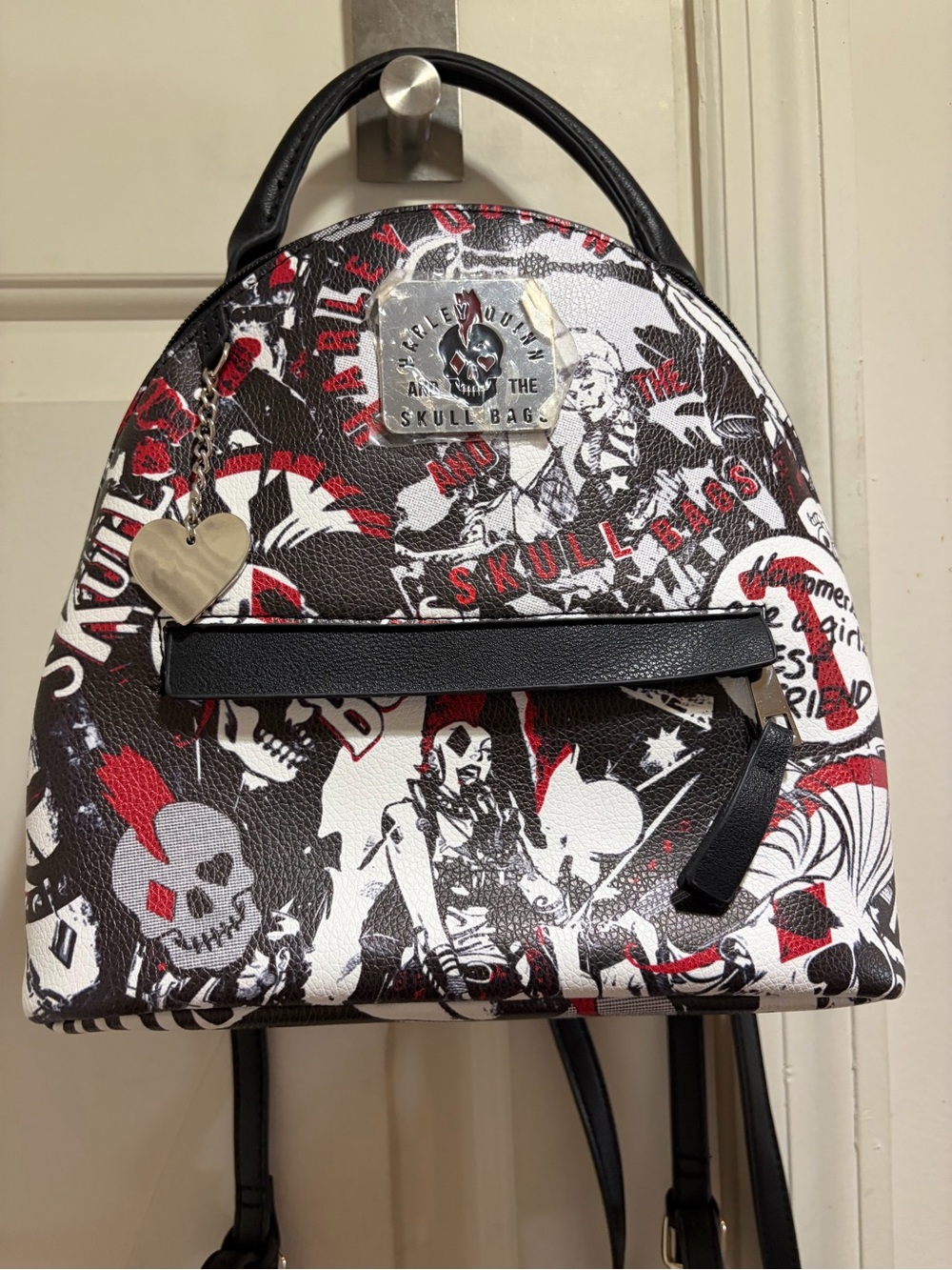 NWOT Harley Quinn Skull Print Mini Backpack Purse in Black White Red